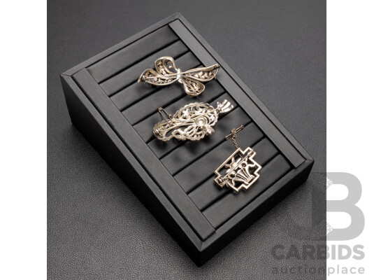 Vintage Sterling Silver (3) Marcasite Brooches, 29gms