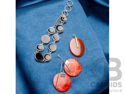 Sterling Silver Red Coral Drop Earrings, Carnelian Pendant & Inlaid Bracelet