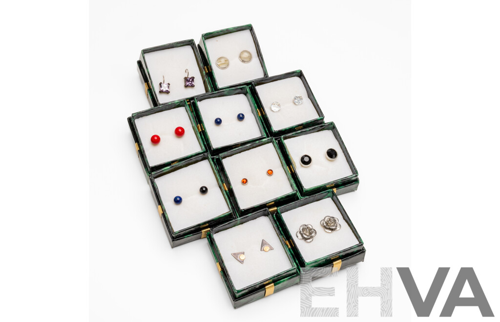 Assortment of (10) Boxed Stud Earrings in Various Designs, Sterling & Silver Tone
