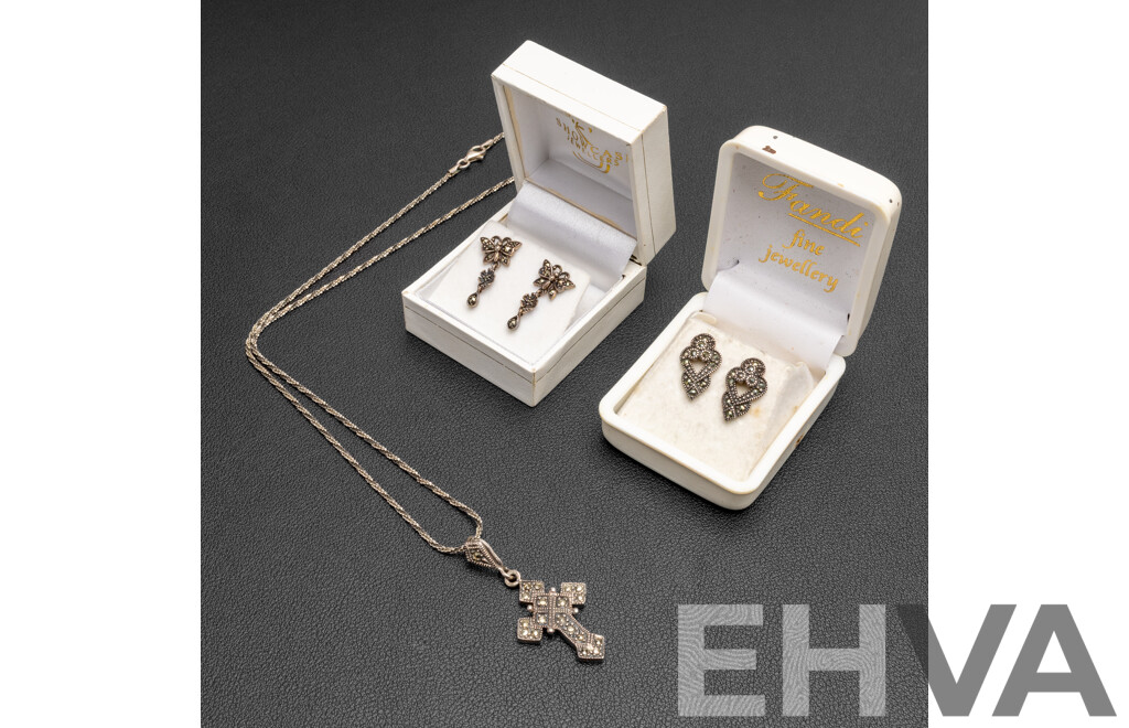 Sterling Silver Marcasite Cross Pendant on Rope Twist Chain & (2) Stud Earrings, 14.55 Grams - Boxed