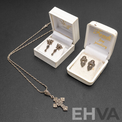 Sterling Silver Marcasite Cross Pendant on Rope Twist Chain & (2) Stud Earrings, 14.55 Grams - Boxed