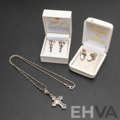Sterling Silver Marcasite Cross Pendant on Rope Twist Chain & (2) Stud Earrings, 14.55 Grams - Boxed