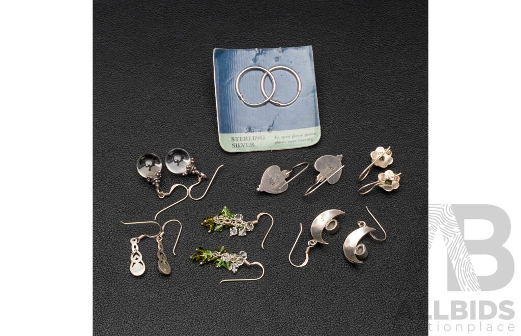 Collection of (7) Pairs of Sterling Silver Earrings on Shepherds Hooks & Hoops, 27.0 Grams