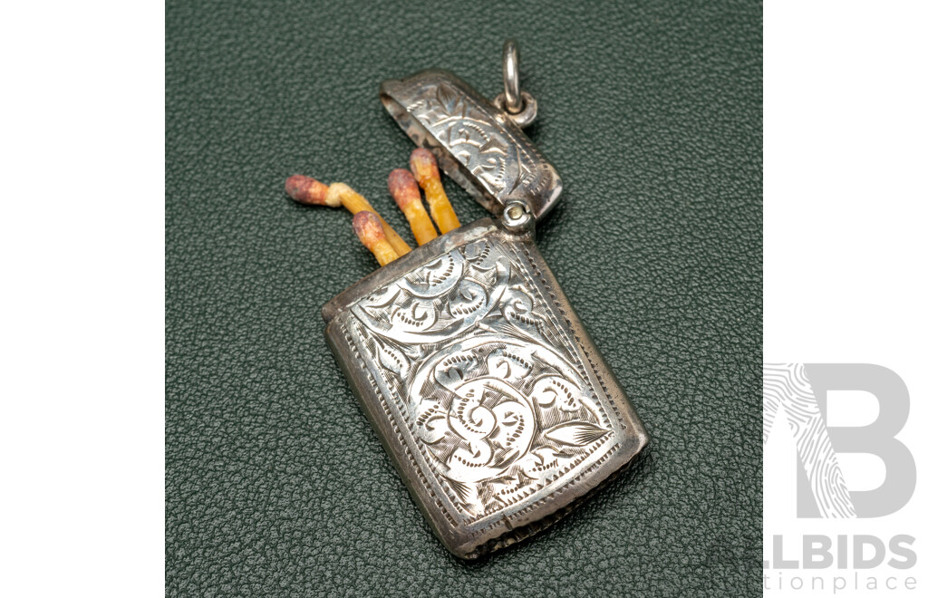 Antique Sterling Silver Vesta Box Fob Pendant with Matches, Birmingham 1911, 48mm Long, 11.01 Grams