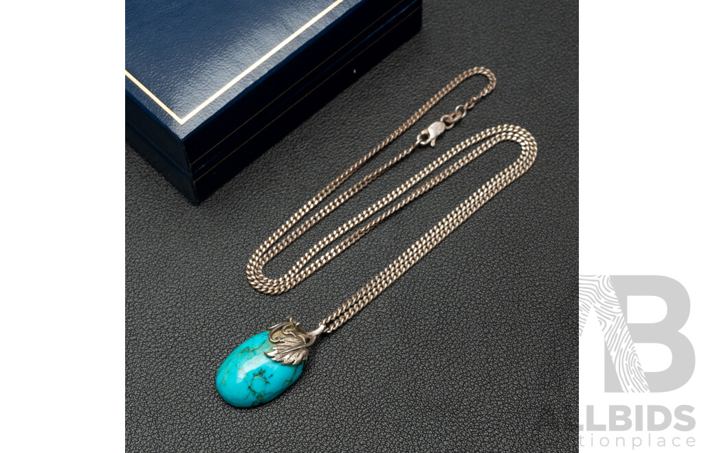 Sterling Silver Artisan Turquoise Cabochon Pendant on SS Curb Link Necklace, 50cm, 10.52 Grams