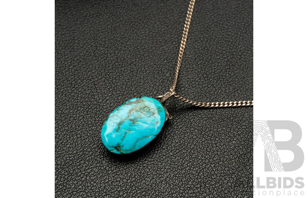 Sterling Silver Artisan Turquoise Cabochon Pendant on SS Curb Link Necklace, 50cm, 10.52 Grams