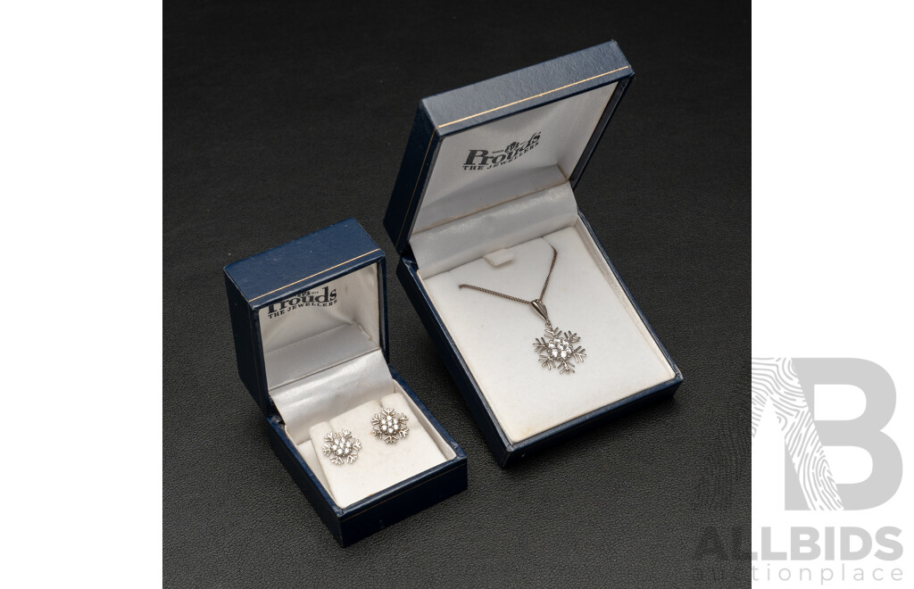 Sterling Silver CZ Snowflake Pendant & Earrings in Presentation Boxes, as New, 5.32 Grams