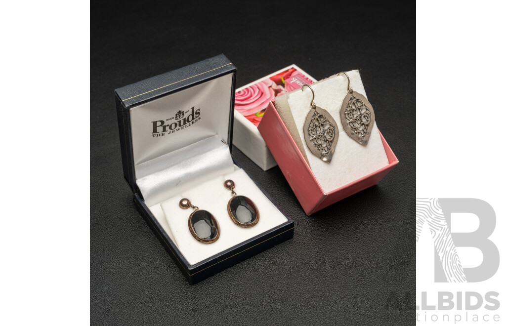 Terling Silver Drop Leaf Style Earrings (Israel) & Sterling Silver Onyx Drop Stud Earrings, as New Boxed, 8.62 Grams
