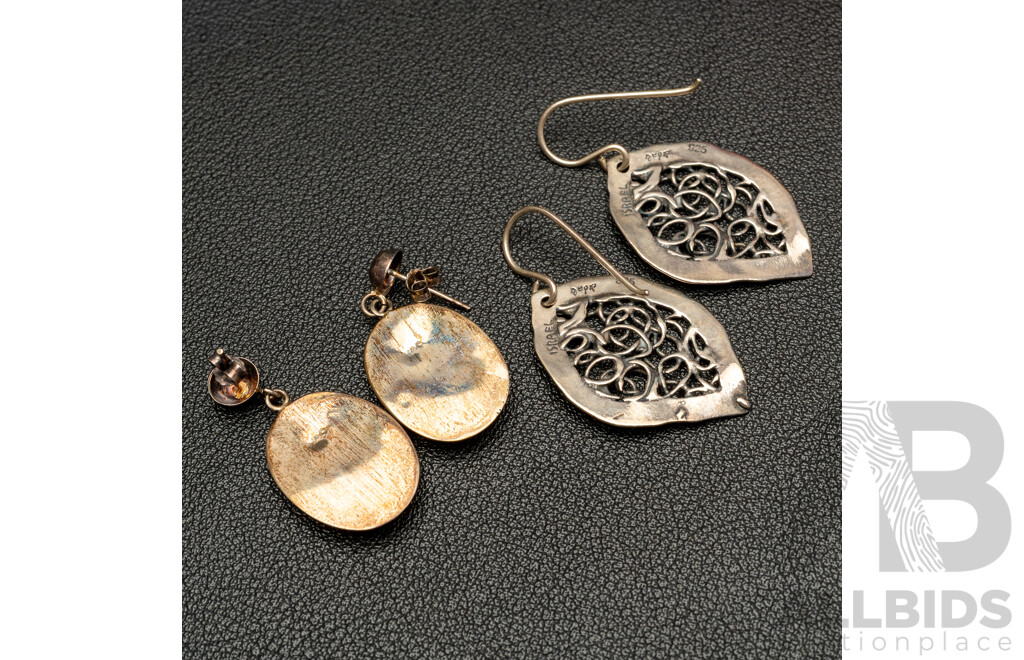 Terling Silver Drop Leaf Style Earrings (Israel) & Sterling Silver Onyx Drop Stud Earrings, as New Boxed, 8.62 Grams