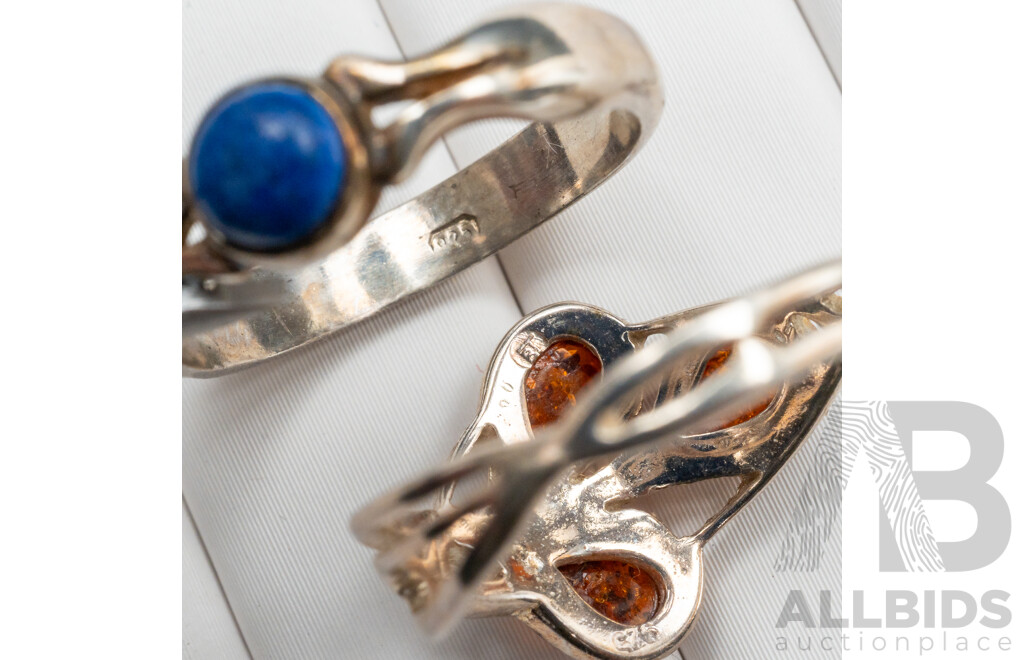 Sterling Silver Amber Cabochon Ring & Sterling Silver Lapis Lazulli Ring, as New Boxed, 4.88 Grams