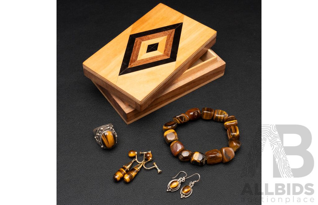 Wooden Parquetry Trinket Box with Sterling Silver Tigers Eye Jewellery Collection Including Ring, Bracelet & Earrings