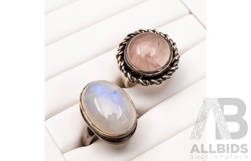 Sterling Silver Moostone Cabochon Ring & Sterling Silver Rose Quartz Cabochon Ring, as New, 20.45 Grams