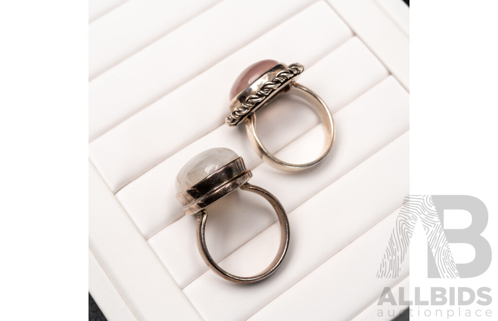 Sterling Silver Moostone Cabochon Ring & Sterling Silver Rose Quartz Cabochon Ring, as New, 20.45 Grams