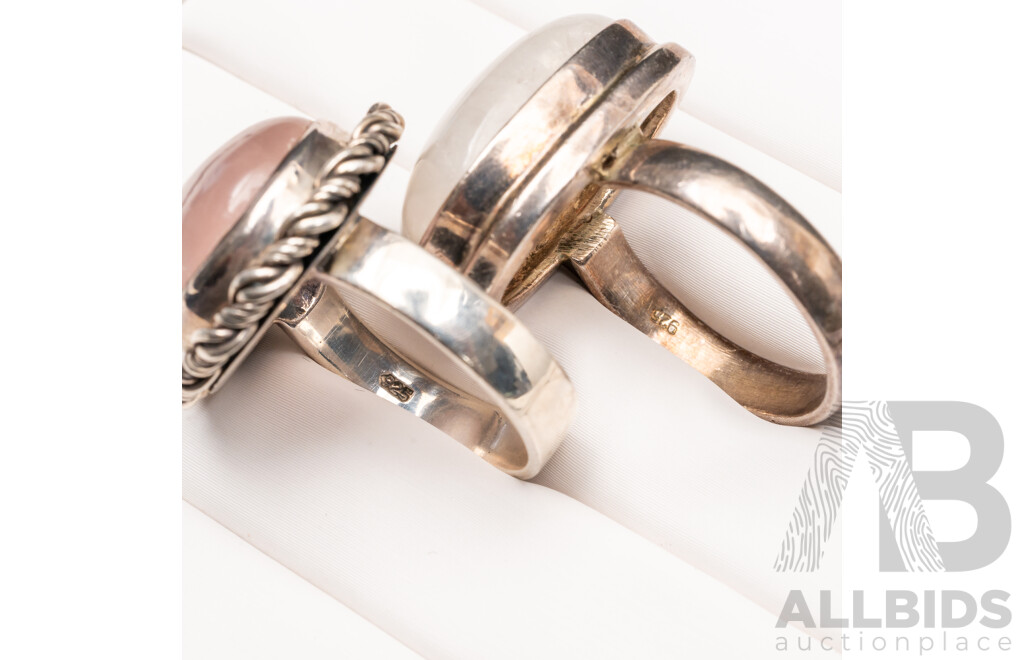 Sterling Silver Moostone Cabochon Ring & Sterling Silver Rose Quartz Cabochon Ring, as New, 20.45 Grams