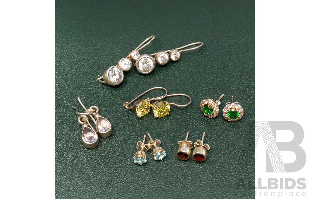 Sterling Silver (6) Pairs of Gemstone Earrings, 18.41 Grams