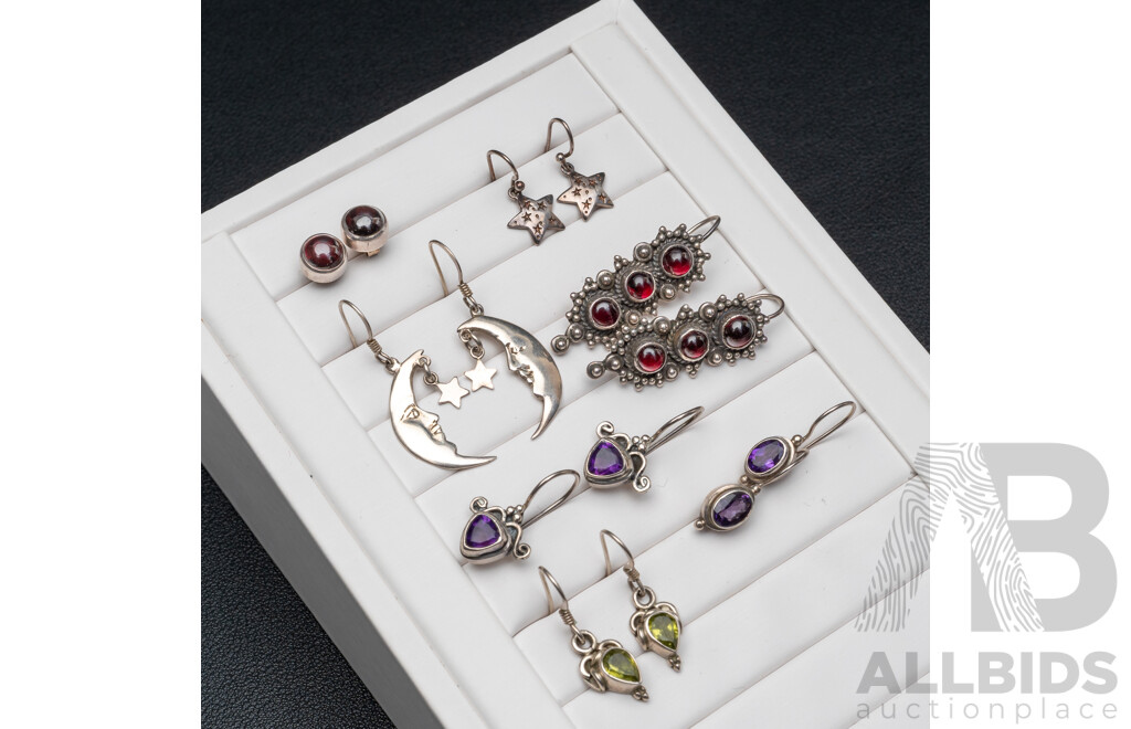 Collection of (7) Pairs of Gemstone Drop and Stud Earrings, 23.23 Grams