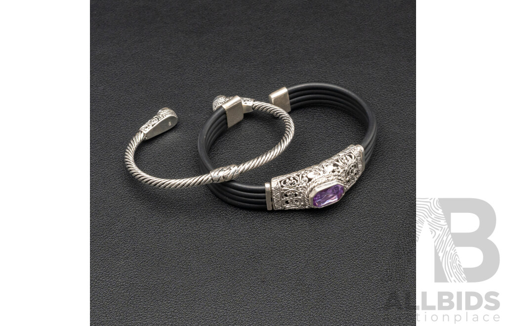 Sterling Silver (2) Indonesian Cuff Bangles with Peridot & Amethyst, 50.89 Grams
