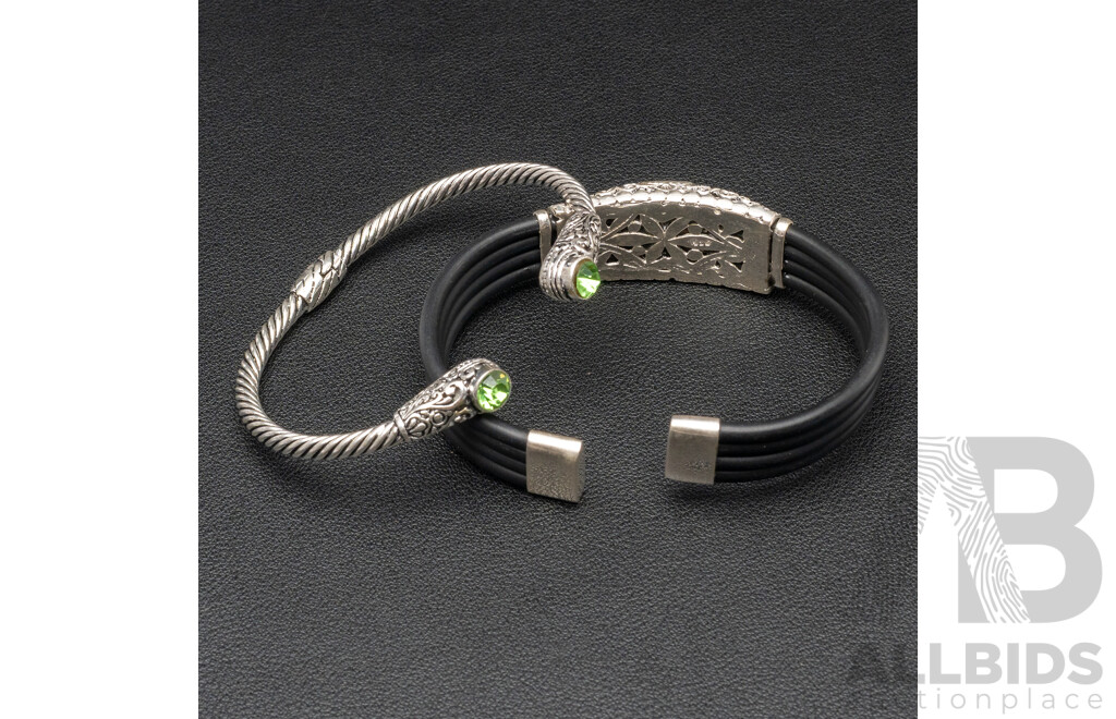 Sterling Silver (2) Indonesian Cuff Bangles with Peridot & Amethyst, 50.89 Grams