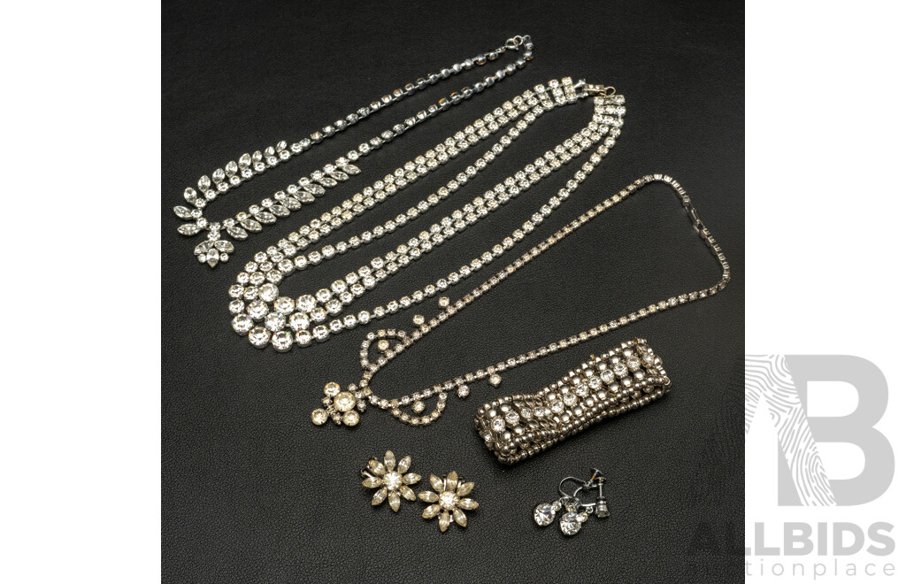 Vintage (3) Diamonté Paste Stone Necklaces & Diamonté Paste Stone Bracelet & (2) pairs clip on earrings
