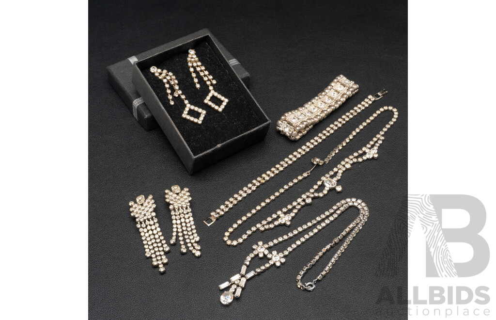 Vintage (2) Diamonté Paste Stone Necklaces & (2) Diamonté Paste Stone Bracelet & (2) pairs diamonte earrings