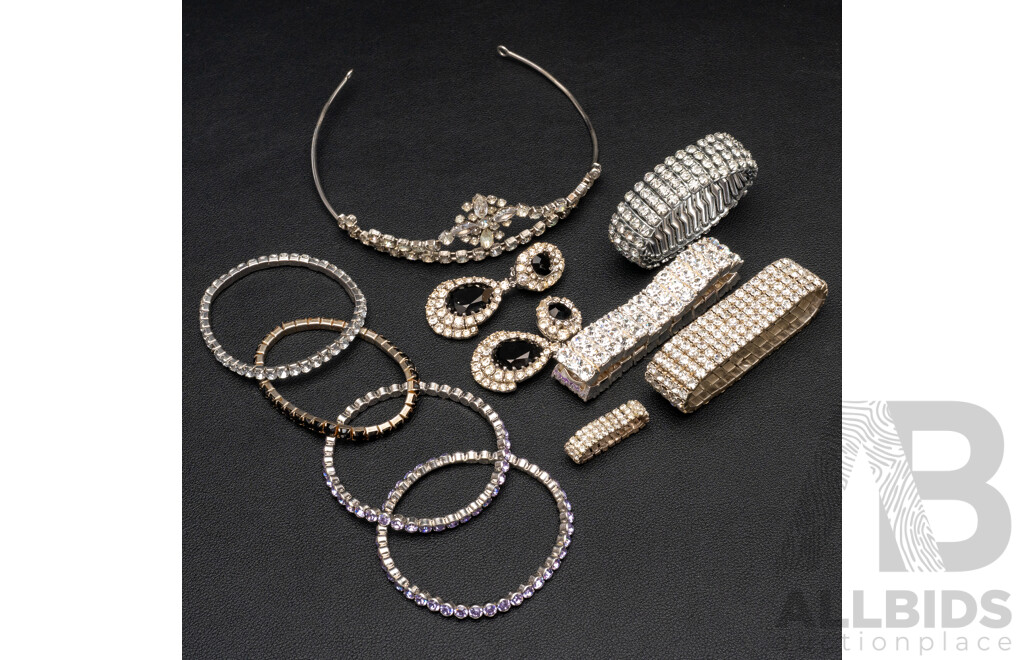 Vintage Diamonté Paste Stone Tiara, Necklaces & (7) Diamonté Paste Stone stretch Bracelets & black diamonte clip on earrings