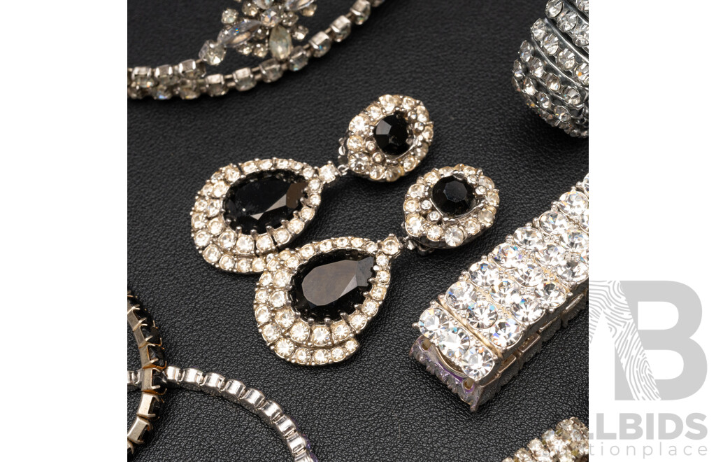 Vintage Diamonté Paste Stone Tiara, Necklaces & (7) Diamonté Paste Stone stretch Bracelets & black diamonte clip on earrings