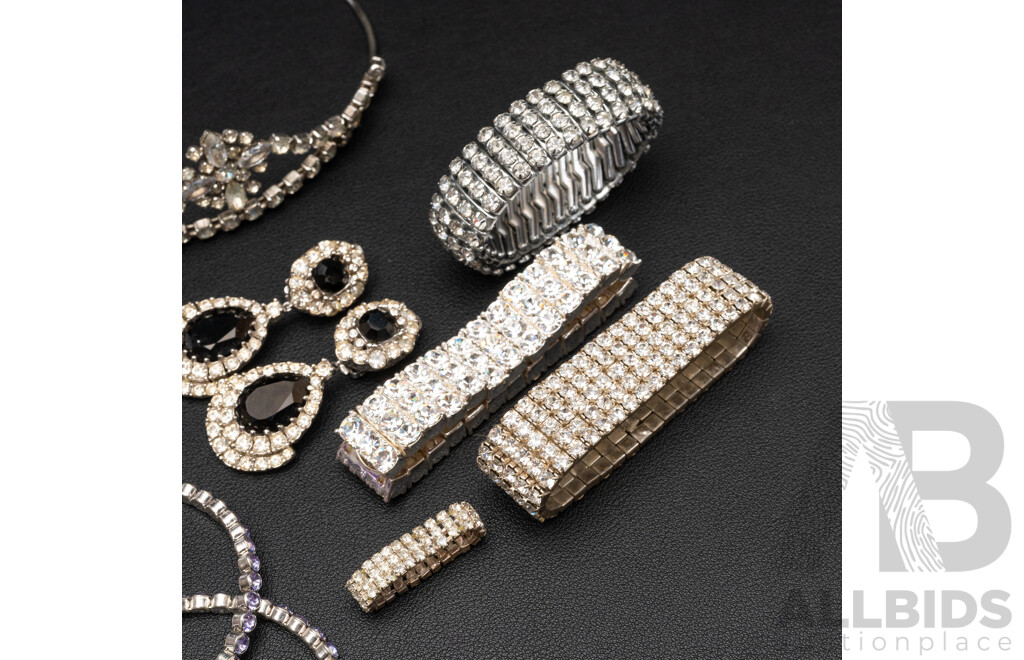 Vintage Diamonté Paste Stone Tiara, Necklaces & (7) Diamonté Paste Stone stretch Bracelets & black diamonte clip on earrings