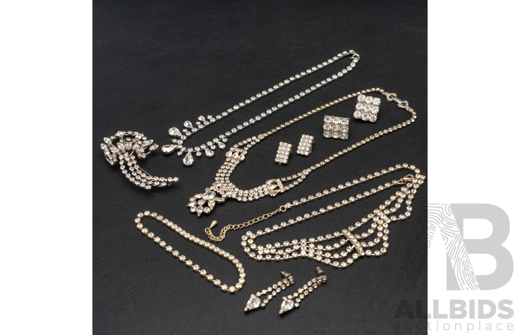 Vintage (3) Diamonté Paste Stone Necklaces & Diamonté Paste Stone Bracelet, (3) Pairs Clip on & Stud Earrings, Brooch