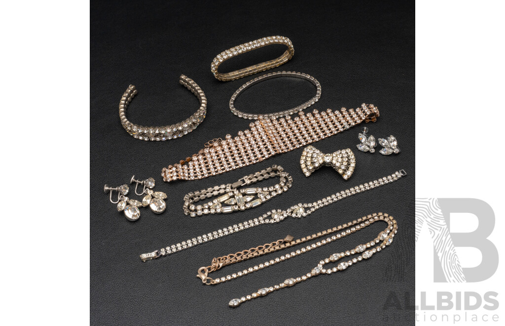 Vintage (2) Diamonté Paste Stone Necklaces & (3) Diamonté Paste Stone Bracelets, (2) Pairs Earrings, Brooch