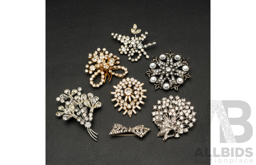 Collection of (7) Diamonté Paste Stone Brooches Including (935) Silver Bow Brooch