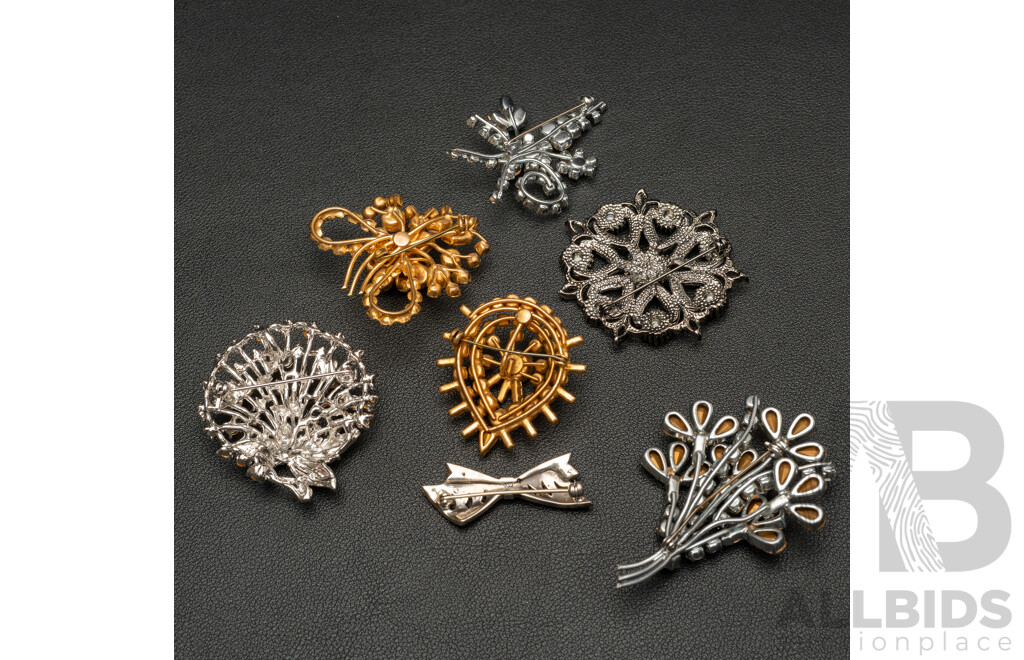 Collection of (7) Diamonté Paste Stone Brooches Including (935) Silver Bow Brooch