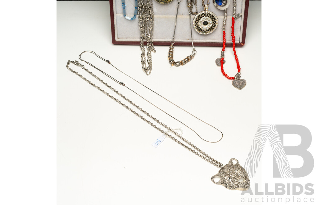 Collection of (10) Silver Tone and Beaded Necklaces, 55cm-100cm Long, on Display Mount