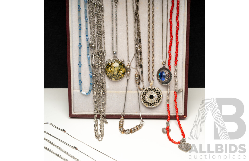 Collection of (10) Silver Tone and Beaded Necklaces, 55cm-100cm Long, on Display Mount