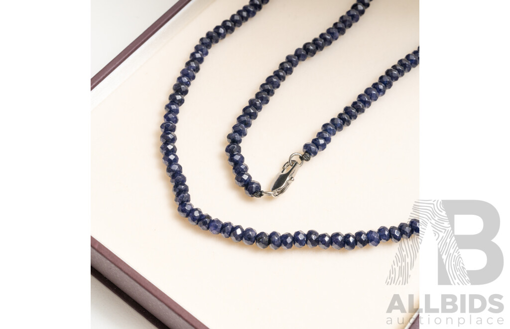 Natural Blue Sapphire Faceted Beaded Necklace, 45cms, Silver Clasp