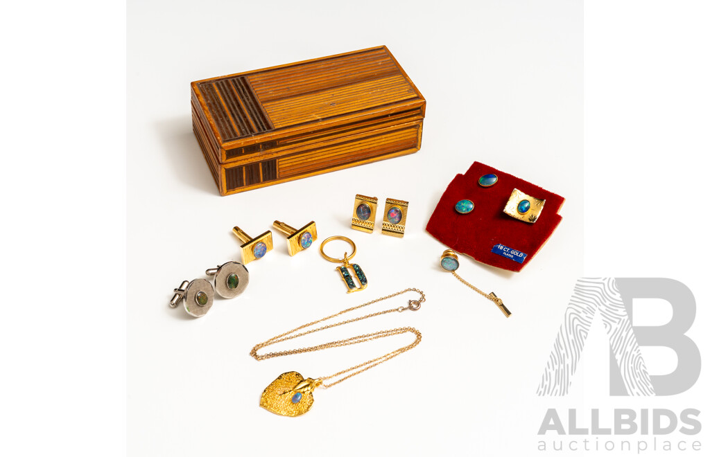 Collection of Gold Plated/Tone Opal Triplet Cuff Links & Tie Pins with Pendant