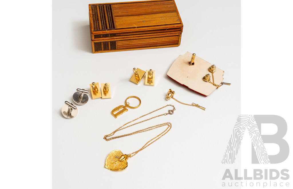 Collection of Gold Plated/Tone Opal Triplet Cuff Links & Tie Pins with Pendant