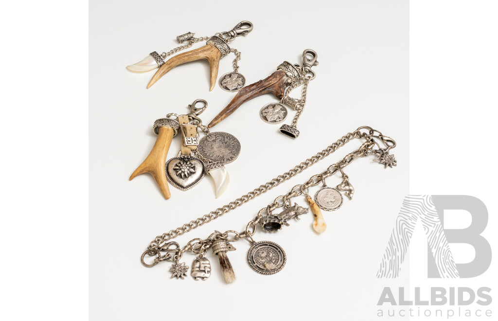Collection of (4) Ornate Bag Charms with Antlers & Hog Bristle Charms