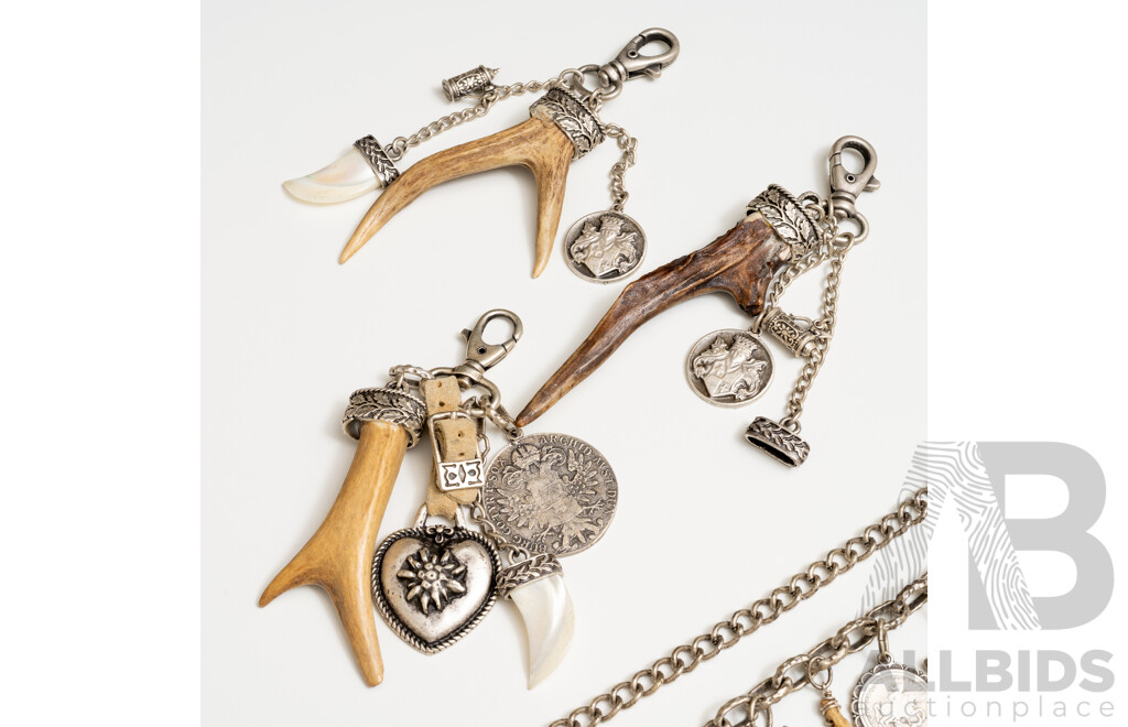 Collection of (4) Ornate Bag Charms with Antlers & Hog Bristle Charms