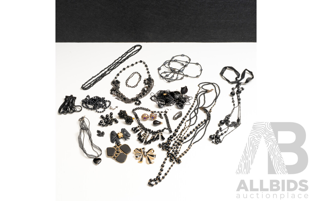 Vintage Collection of Black Necklaces, Brooches, Bracelets & (2) Ornate Beaded Cufflinks