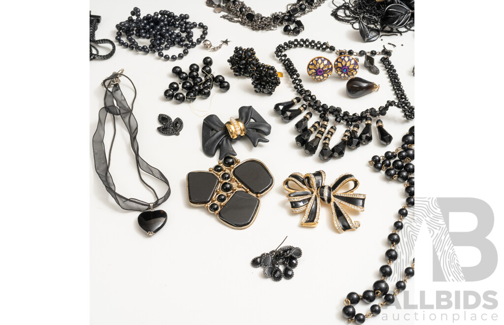 Vintage Collection of Black Necklaces, Brooches, Bracelets & (2) Ornate Beaded Cufflinks