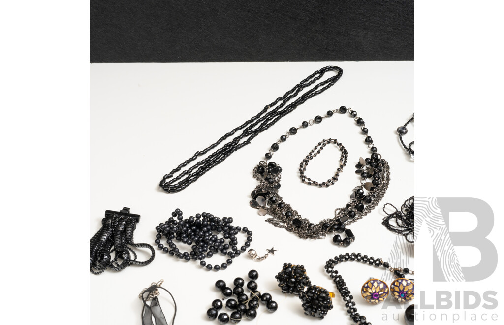 Vintage Collection of Black Necklaces, Brooches, Bracelets & (2) Ornate Beaded Cufflinks