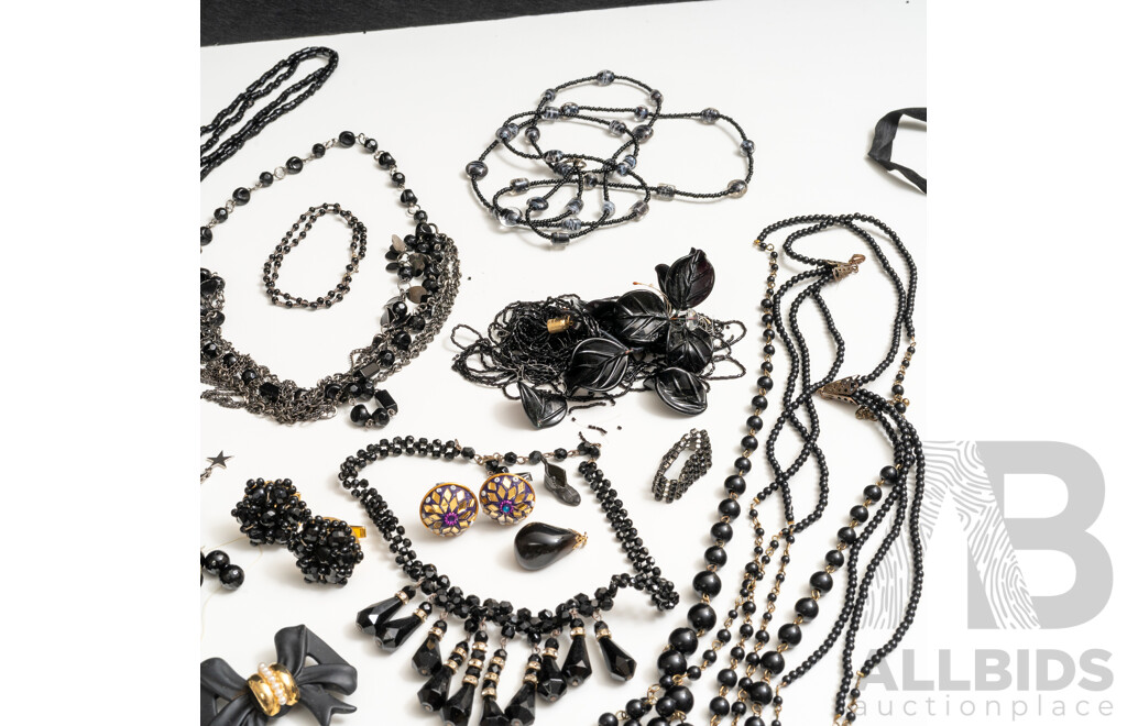 Vintage Collection of Black Necklaces, Brooches, Bracelets & (2) Ornate Beaded Cufflinks