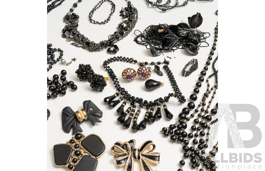 Vintage Collection of Black Necklaces, Brooches, Bracelets & (2) Ornate Beaded Cufflinks
