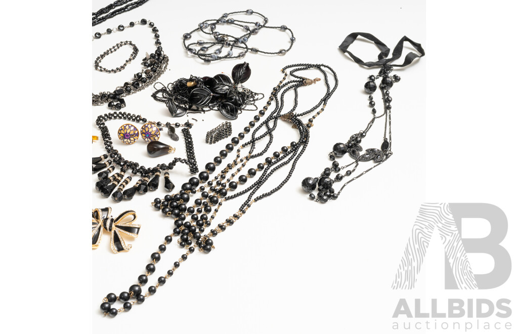 Vintage Collection of Black Necklaces, Brooches, Bracelets & (2) Ornate Beaded Cufflinks