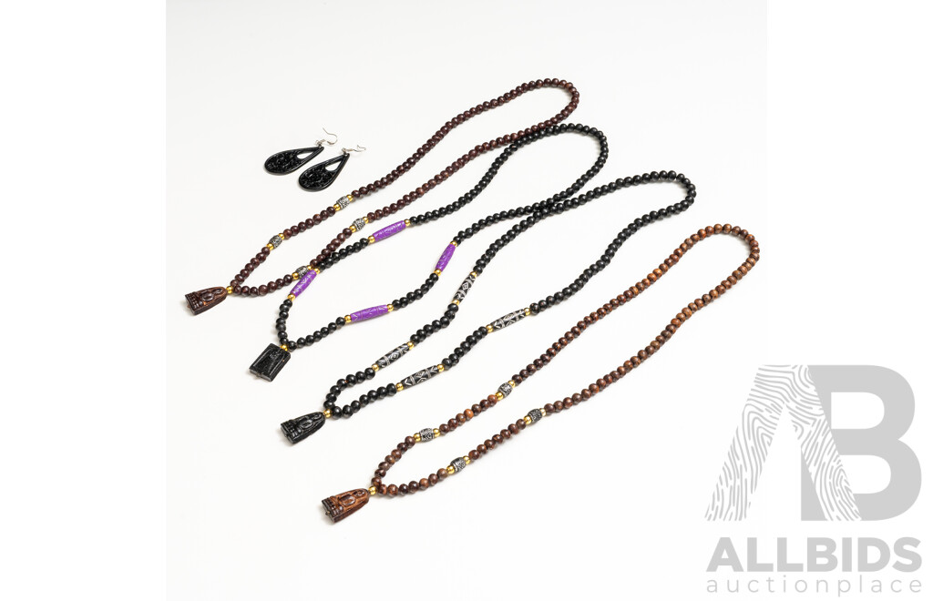 Chinese Carved Black Jadeite Drop Earrings & (4) Buddha Wooden Prayer Necklaces
