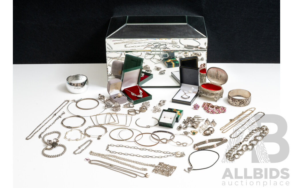 Silver Tone Vintage Jewellery Collection in Large Mirrored Trinket Box