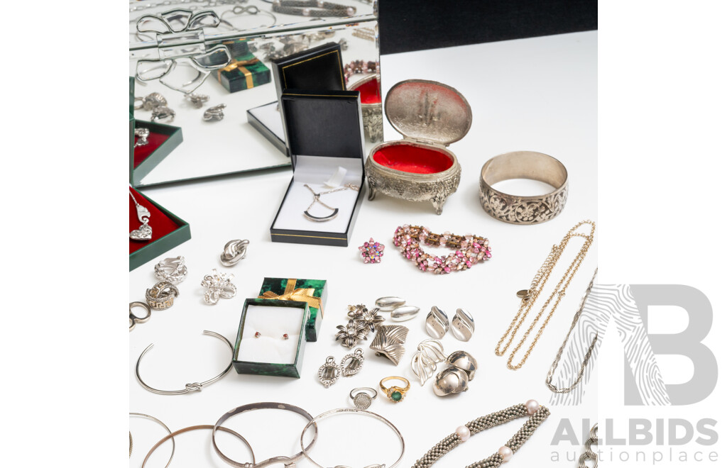 Silver Tone Vintage Jewellery Collection in Large Mirrored Trinket Box