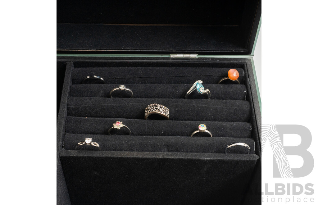 Silver Tone Vintage Jewellery Collection in Large Mirrored Trinket Box