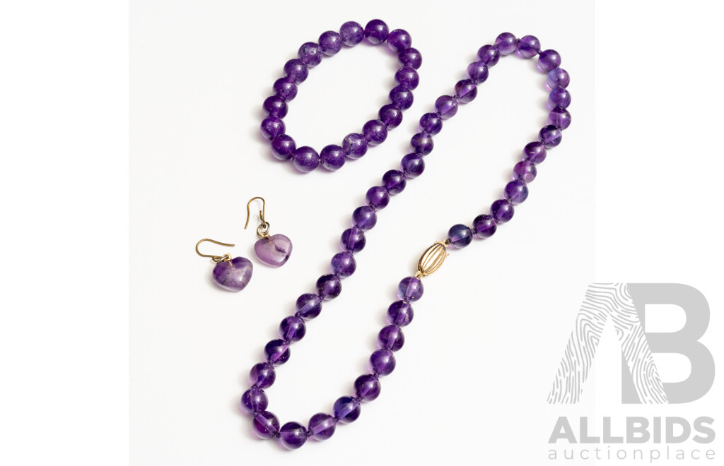 Vintage Amethyst Beaded Necklace, Bracelet and Drop Earrings
