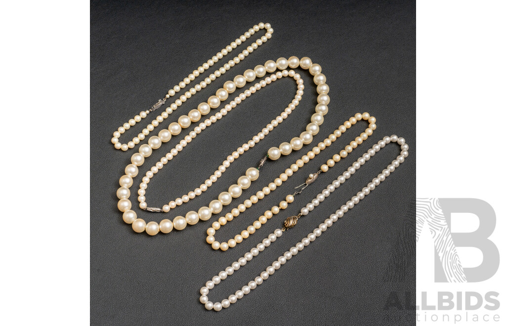 Collection of (5) Mid Century Faux Pearl Necklaces with Sterling Silver Clasps